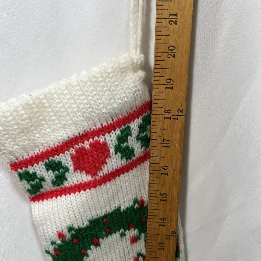 Vintage Knit Christmas Stocking with Wreath & Hearts Red White Green Country